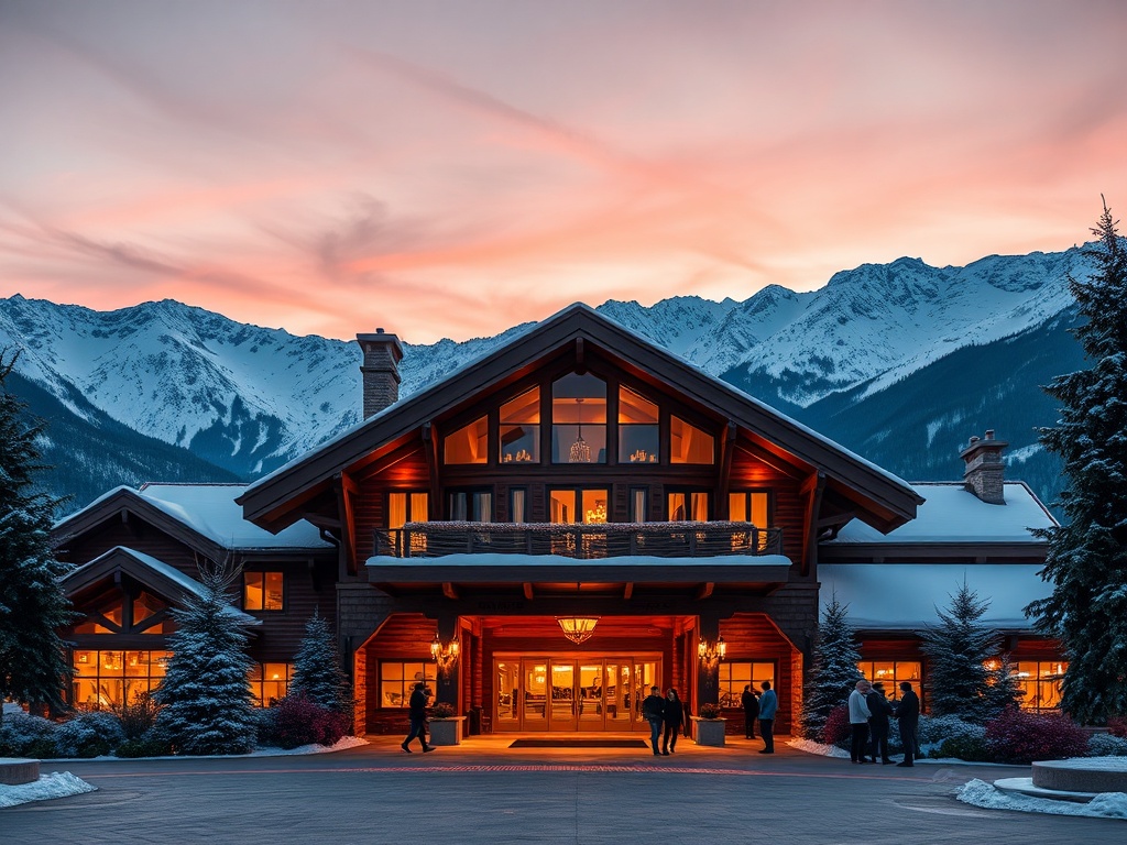 "A luxury chalet-style mountain hotel entrance at dusk, warm lights, panoramic snowy peaks, elegant casino lounge glow, diverse guests, global travel atmosphere."