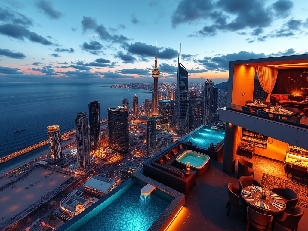 "modern luxury skyline suites with ocean views" "VIP casino lounge lights" "rooftop infinity pool" "spa steam" "gourmet dining" "cocktail bar nightlife" "golden beachfront".