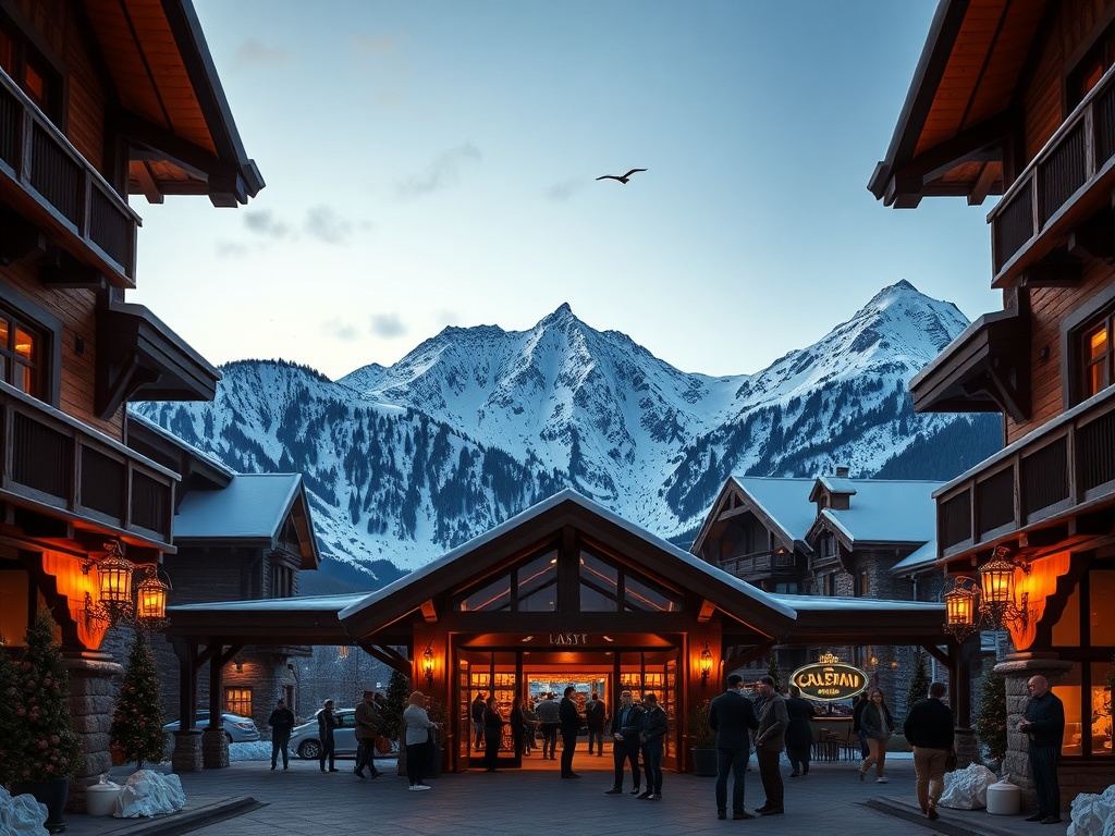 "A luxury chalet-style mountain hotel entrance at dusk, warm lights, panoramic snowy peaks, elegant casino lounge glow, diverse guests, global travel atmosphere."