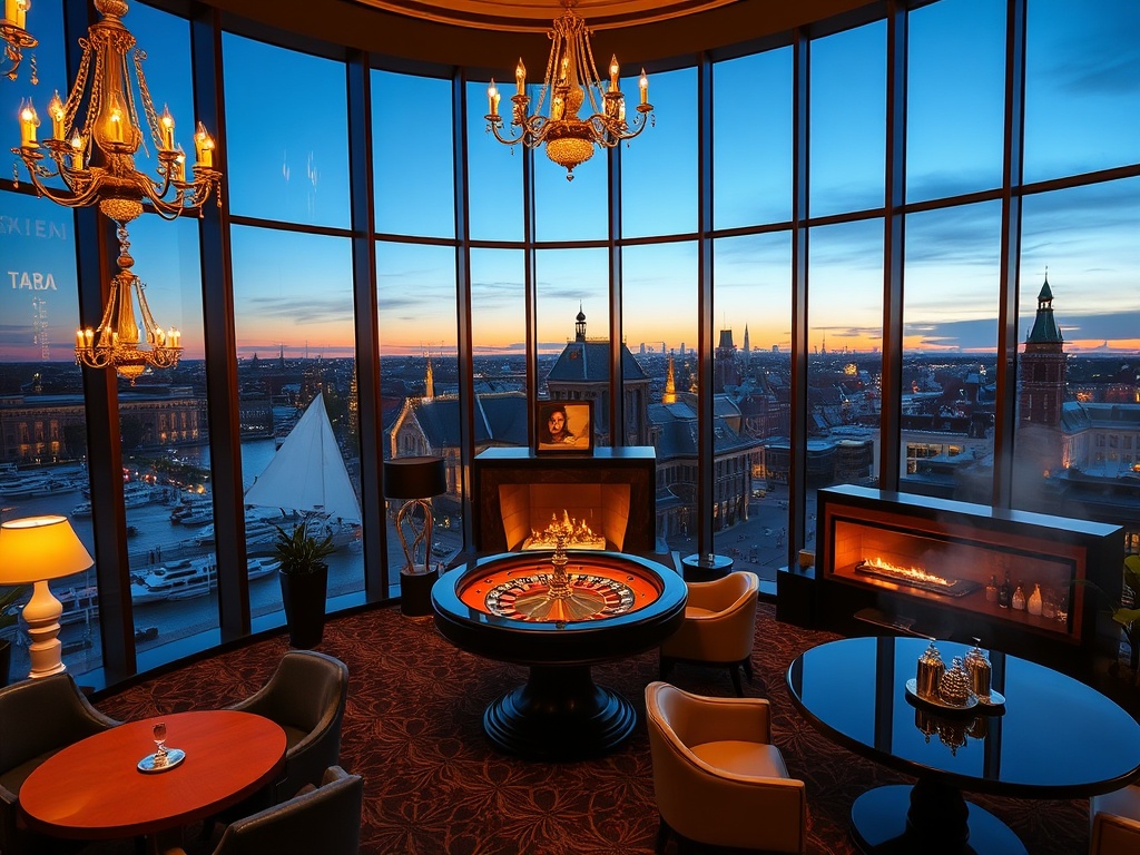 "luxury casino hotel lobby" "Amsterdam canal-view windows" "golden chandeliers" "elegant roulette table" "warm fireplace lounge" "rooftop skyline at dusk" "spa steam glow"