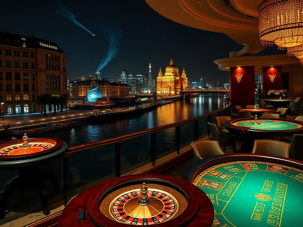 A luxurious Warsaw casino hotel scene, elegant golden gaming tables with roulette and poker lights, panoramic skyline and river at night, nearby spa steam glow, cocktail lounge dining elegance.