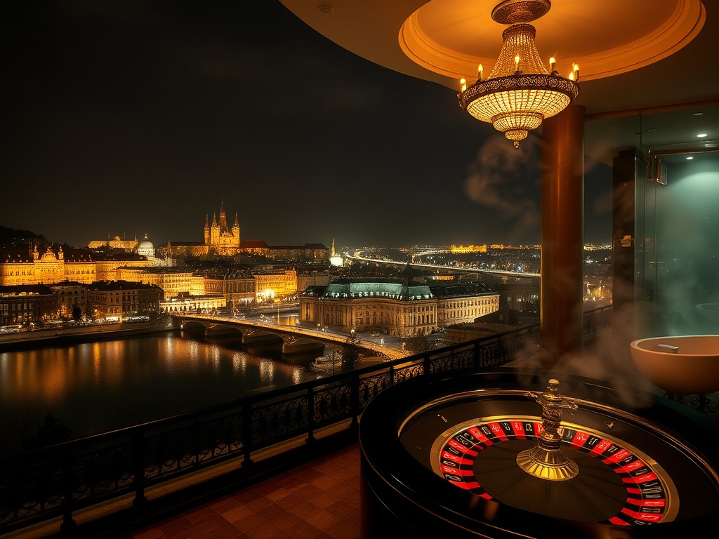 "luxury Prague hotel at night" overlooking "Vltava River and skyline", "glamorous casino floor with roulette lights", and "restorative spa steam ambiance" .