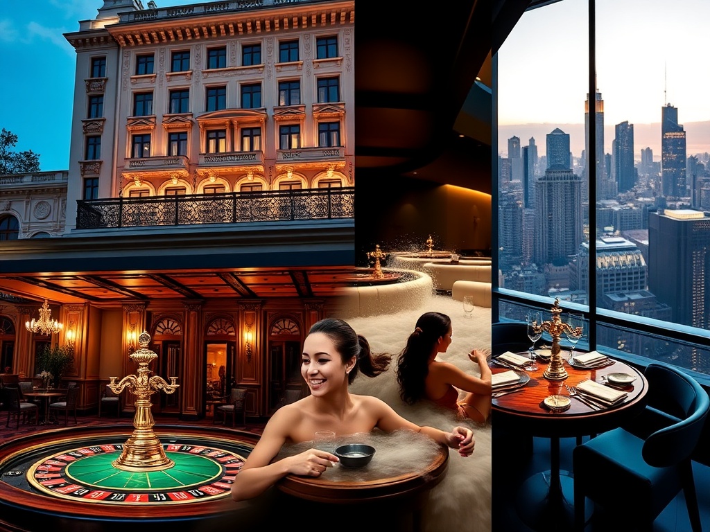 A split-scene collage showing elegant historic hotel facade, glowing casino tables with roulette lights, a couple in spa steam, luxury dining plates, night skyline reflections.