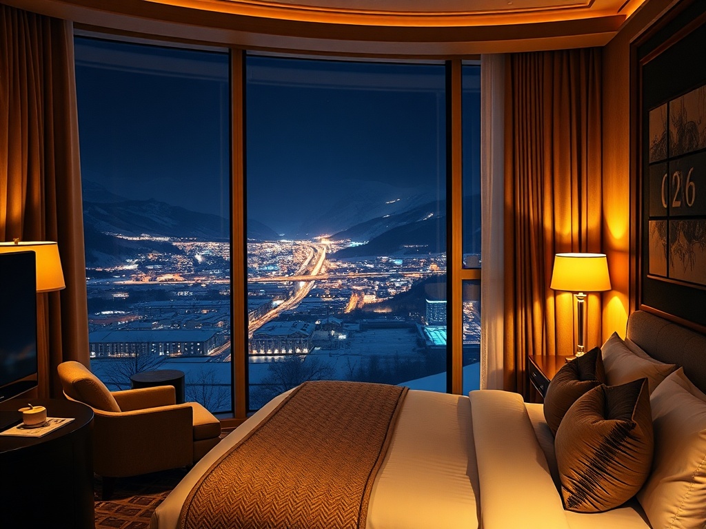 "Opulent Nordic casino hotel suite at night, panoramic snowy city lights beyond window, warm textiles, soft lamplight, elegant gaming floor glow in distance"
