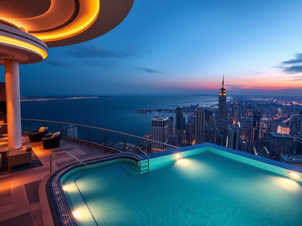 "Luxury skyline suite with panoramic ocean view, elegant VIP casino lounge ambiance, rooftop infinity pool, and serene spa glow, cinematic lighting."