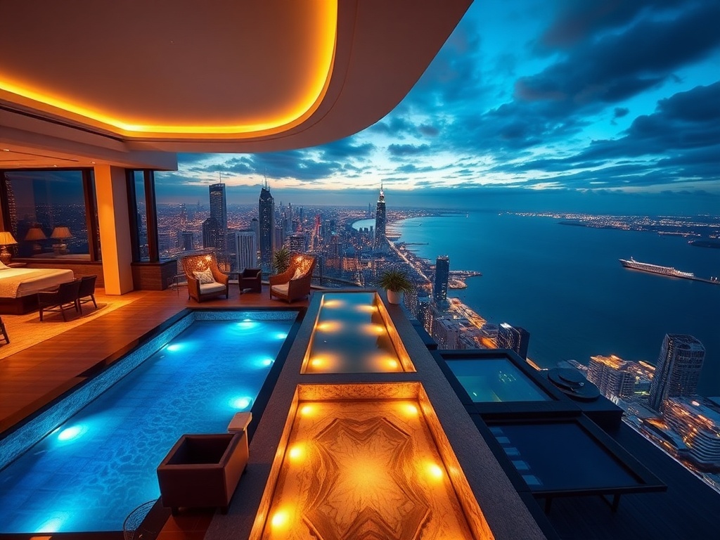 "Luxury skyline suite with panoramic ocean view, elegant VIP casino lounge ambiance, rooftop infinity pool, and serene spa glow, cinematic lighting."