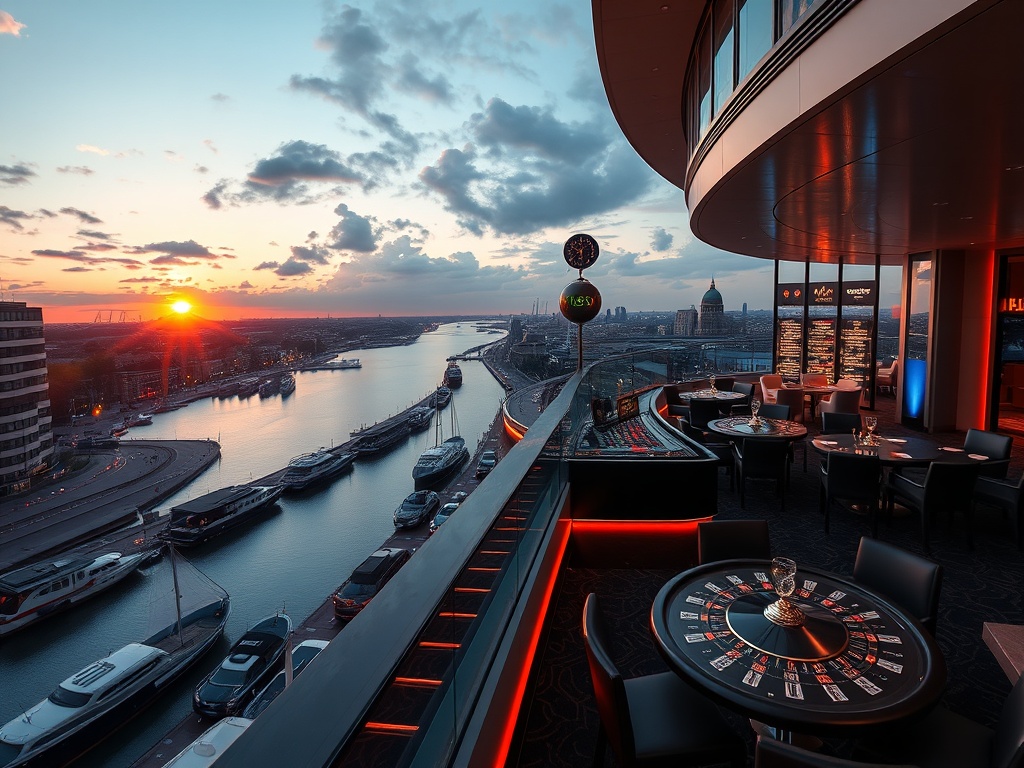 "luxury Netherlands casino hotel scene blending 'canal-view suite windows', 'glossy casino gaming floor', 'rooftop lounge at sunset', 'spa steam', 'gourmet dining', 'nightlife lights' "