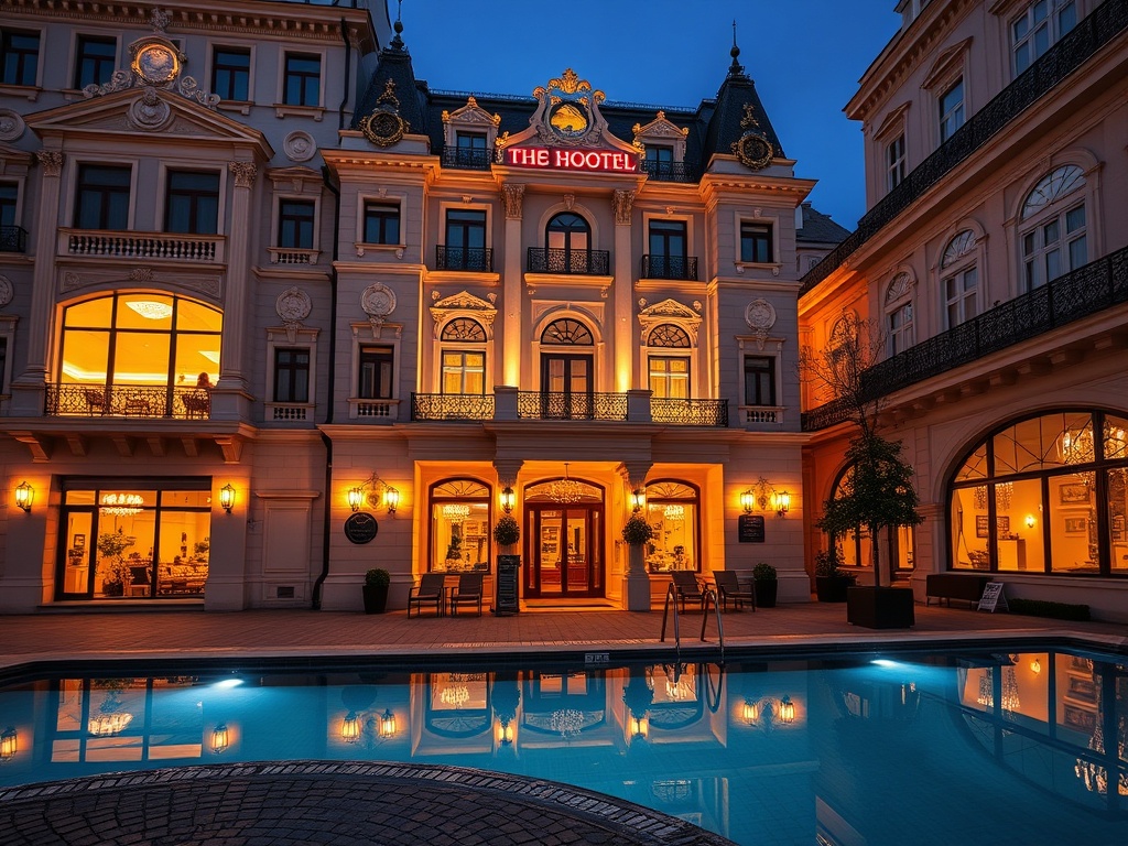 “Elegant restored casino hotel facade in Warsaw at night”, “glowing gaming floor lights inside”, “luxury suite balcony view over cobblestone streets”, “chic spa ambience, indoor pool reflections”, “warm premium atmosphere”