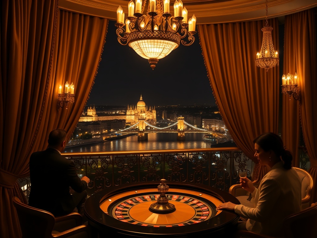 “luxury Budapest casino hotel hero scene” “nighttime Danube river glow” “elegant European suite balcony” “golden chandeliers” “silk curtains” “subtle roulette ambience” “stylish guests”
