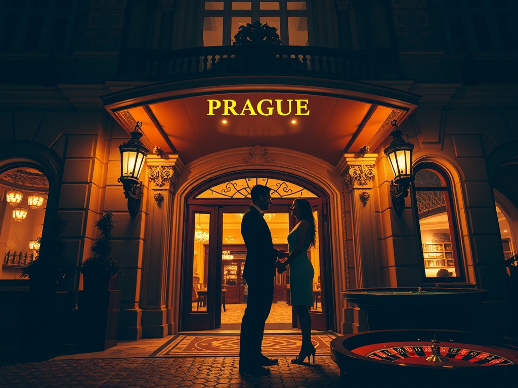 Nighttime Prague casino hotel entrance, ornate Bohemian architecture, warm golden light, elegant couple silhouettes, refined suite window glow, hints of roulette tables.