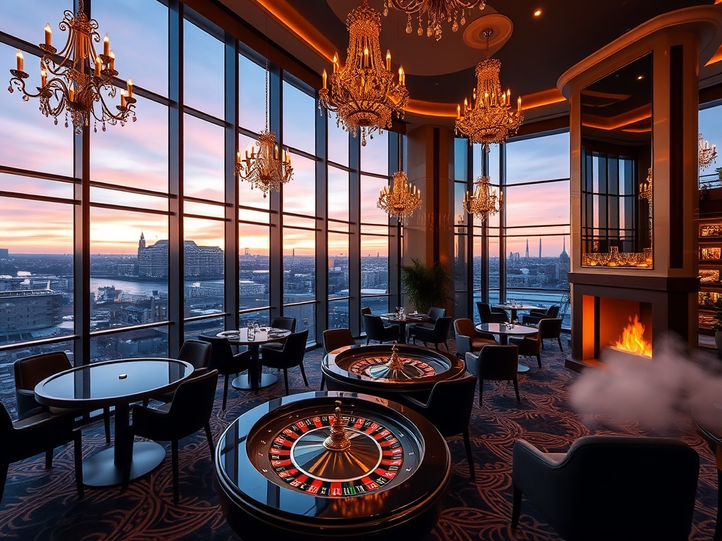 "luxury casino hotel lobby" "Amsterdam canal-view windows" "golden chandeliers" "elegant roulette table" "warm fireplace lounge" "rooftop skyline at dusk" "spa steam glow"