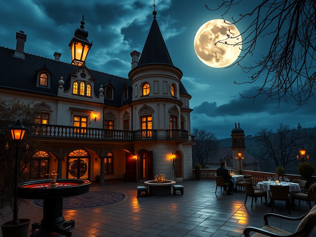 “moonlit Czech castle hotel courtyard” “golden casino lantern glow” “elegant suites balcony” “roulette table silhouette” “fine dining candlelit terrace” “spa steam sanctuary” “bohemian music mood” “velvet robes” “no logos