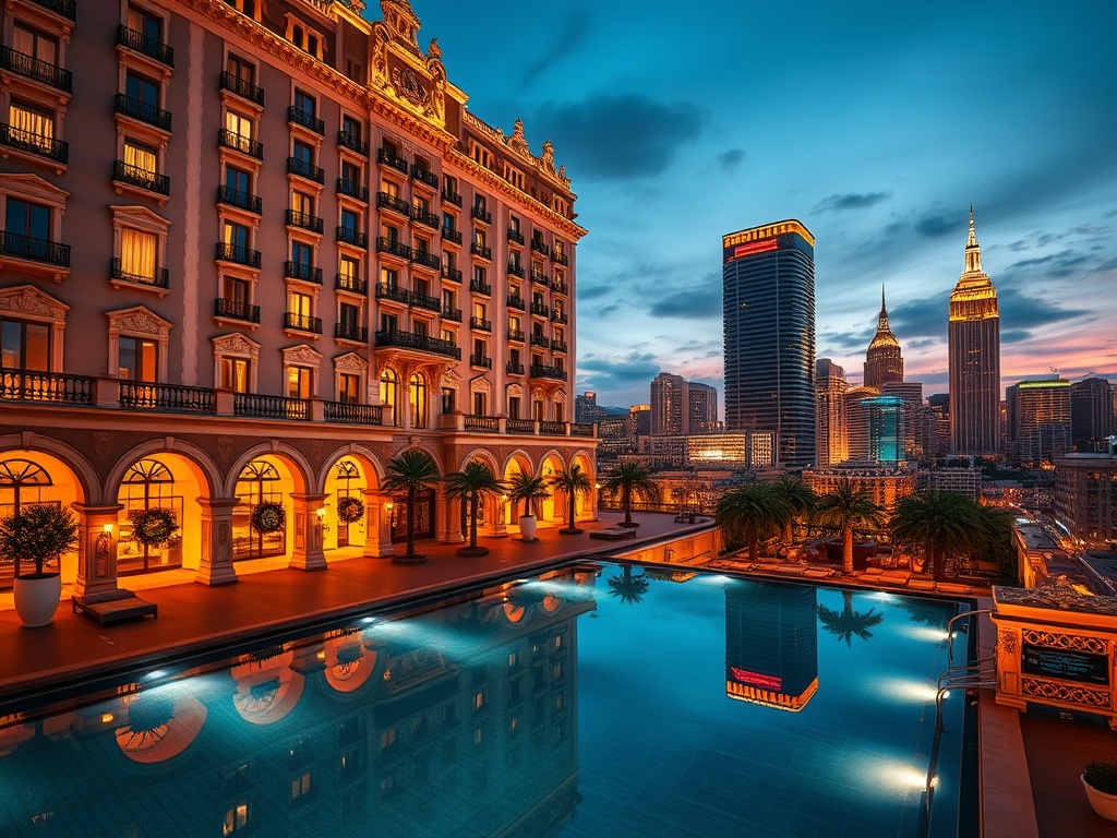 "A grand historic palace facade at dusk, warm suite window lights, elegant casino interior glow, serene spa pool reflections, vibrant city skyline." "VIP luxury mood, cinematic lighting, high detail, no text."