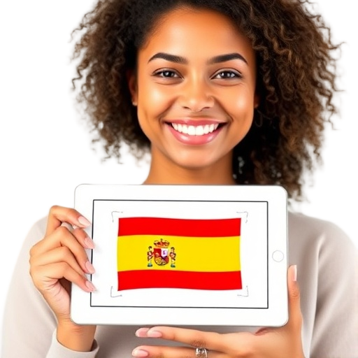 A smiling woman holding a tablet showing Spanish flag icon and study notes, white background, warm light, friendly confidence.