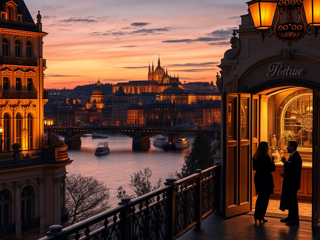 "glamorous Prague skyline with Vltava River at dusk, elegant Bohemian architecture hotel facade, warm golden casino lights, subtle gaming silhouettes, opulent suite balcony, romantic atmosphere" "luxury spa entrance in soft glow, refined silhouettes of co