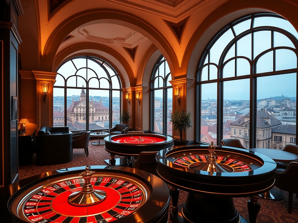 "Luxury casino hotel interior lobby blending historic European arches with modern lighting" "glowing roulette table" "elegant suite window view of old-town rooftops and skyline" "warm cocktail bar ambiance"