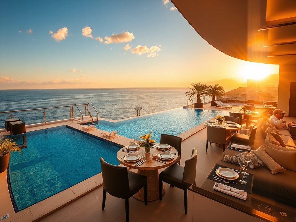 “sunlit oceanfront luxury hotel at summer golden hour” “spacious suite balcony” “sparkling rooftop infinity pool” “elegant dining table with gourmet cuisine” “glamourous VIP gaming lounge ambiance” “soft golden lighting”