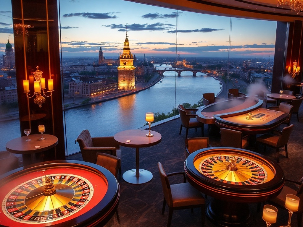 A luxurious Warsaw casino hotel scene, elegant golden gaming tables with roulette and poker lights, panoramic skyline and river at night, nearby spa steam glow, cocktail lounge dining elegance.