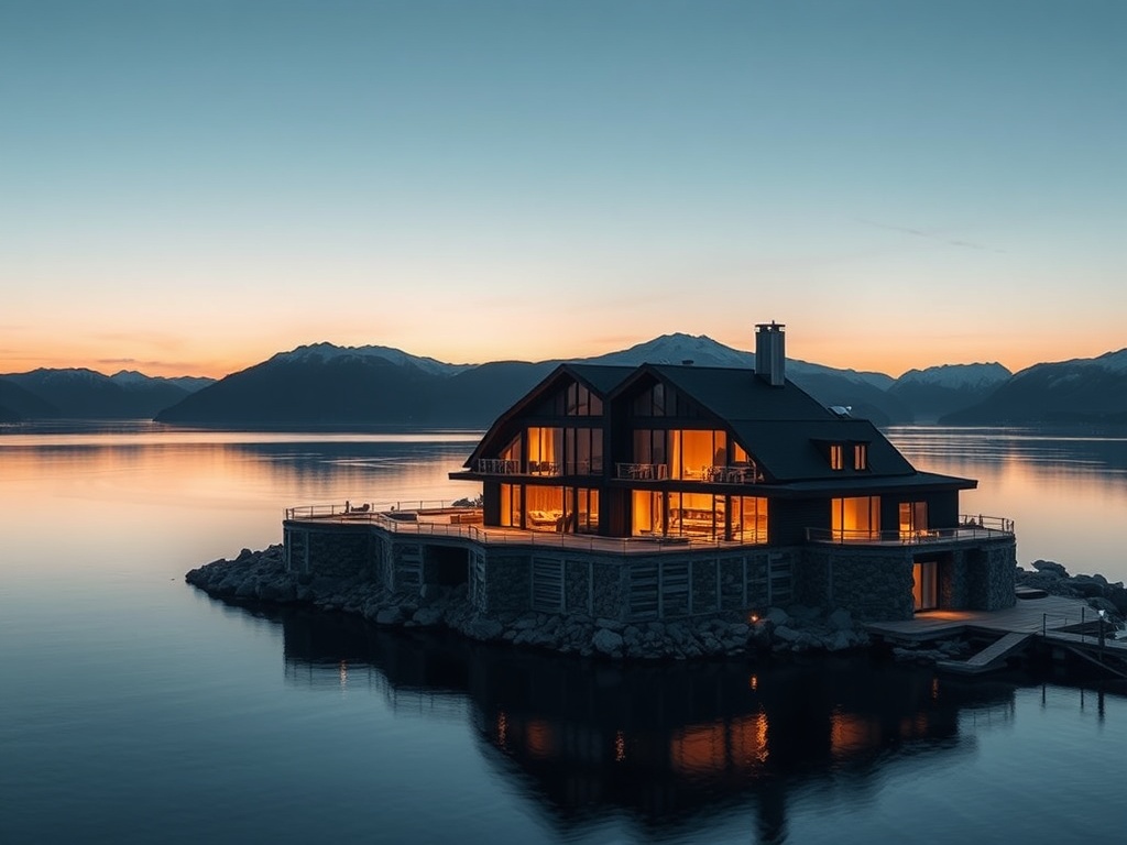 "Luxurious modern Nordic hotel on a fjord at dusk, panoramic water and mountains, warm lights, subtle aurora glow, elegant ambience."