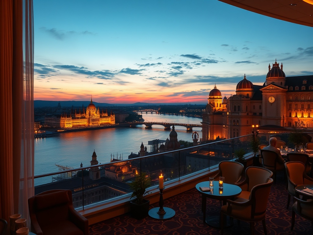 “luxury Budapest casino hotel at dusk, panoramic Danube river view, elegant European suites windows, polished gaming lounge lights, velvet chairs, thermal spa glow, fine dining ambiance”