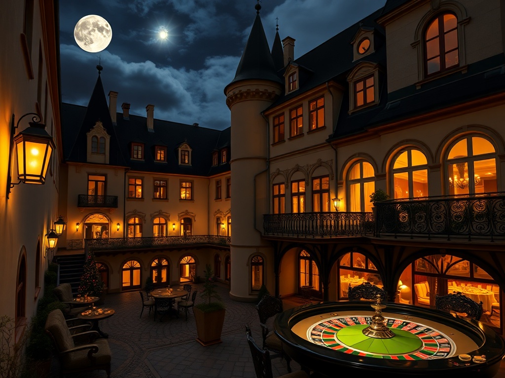 “moonlit Czech castle hotel courtyard” “golden casino lantern glow” “elegant suites balcony” “roulette table silhouette” “fine dining candlelit terrace” “spa steam sanctuary” “bohemian music mood” “velvet robes” “no logos