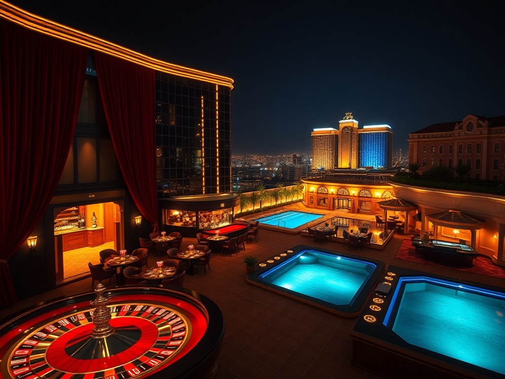 "nighttime panorama of a luxurious European casino hotel" "warm-lit entrance and velvet-draped lobby" "glossy gaming tables with roulette wheel glow" "cocktail bar silhouettes" "rooftop pool with city skyline" "elegant suite windows in background" "luxury