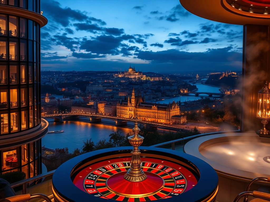 "luxury Prague hotel at night" overlooking "Vltava River and skyline", "glamorous casino floor with roulette lights", and "restorative spa steam ambiance" .