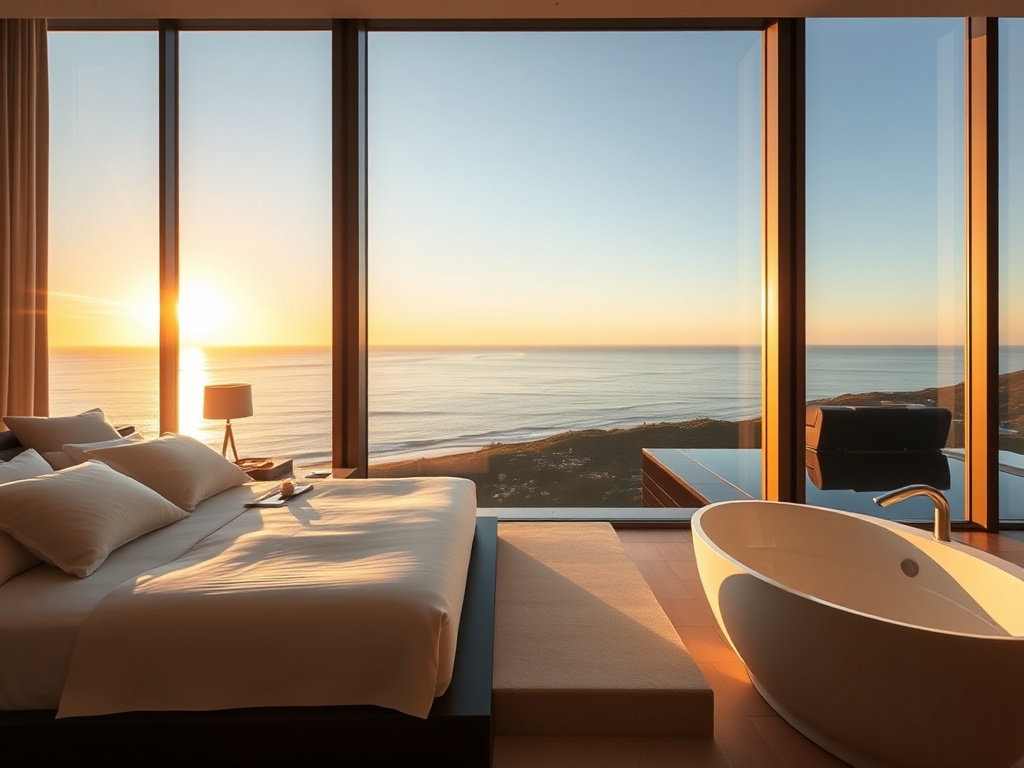 "luxury ocean-view hotel suite at sunrise", "floor-to-ceiling windows framing the Australian coast", "sleek designer bed and deep soaking tub", "soft golden ambience", "distant rooftop infinity pool glow"