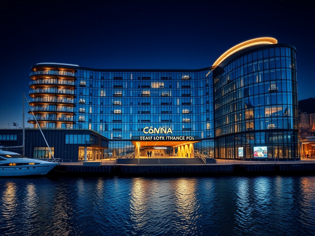 Luxurious modern Norwegian casino hotel at night, panoramic harbor view, ocean-blue glass facade, dark slate interiors, silver-gold accents, elegant lights, inviting adults atmosphere. "