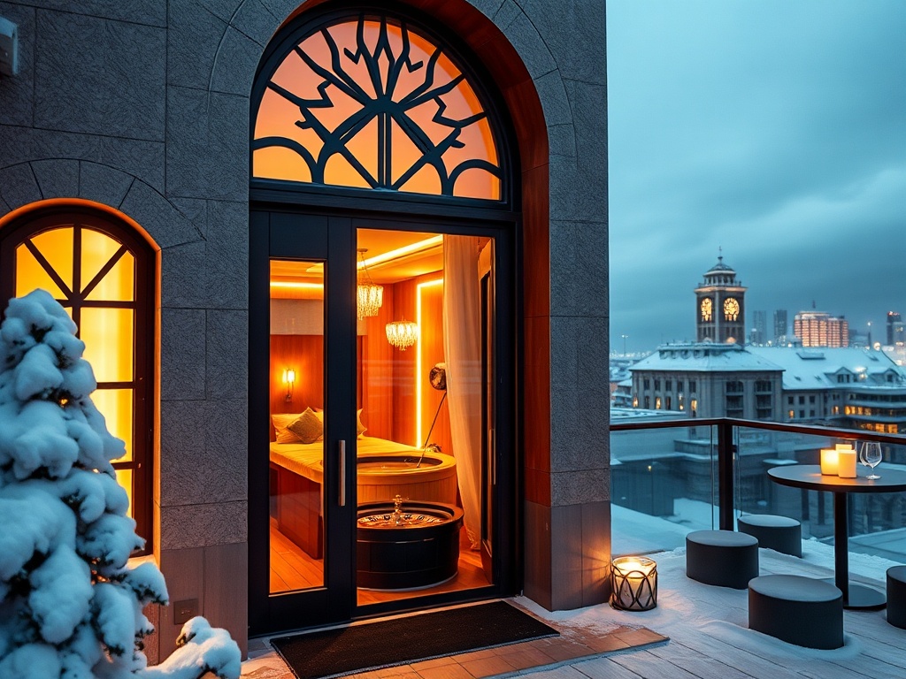 "snowlit Nordic hotel entrance" "warm-luxury suite window glow" "VIP roulette-and-cards gaming ambience" "glowing sauna steam" "rooftop lounge cocktails" "arctic city skyline"