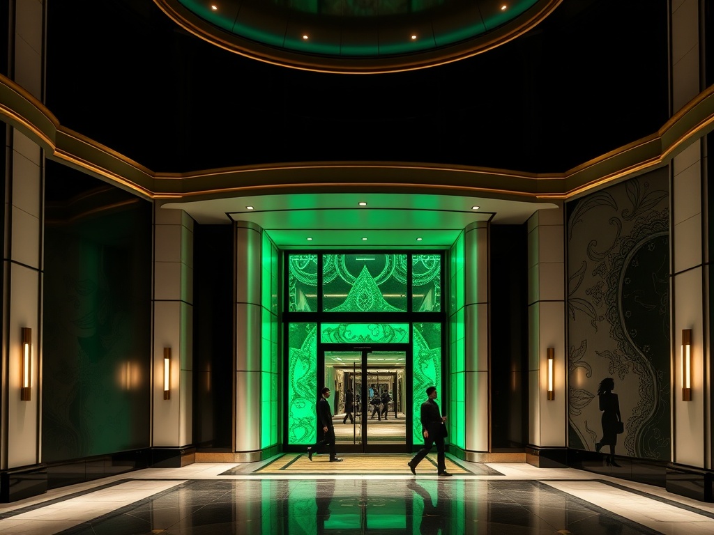 “Contemporary luxury casino hotel entrance in Austria” “matte black and pearl white architecture” “bronze trim” “emerald glow” “elegant adult silhouettes” “casino lights” “contemporary art murals”