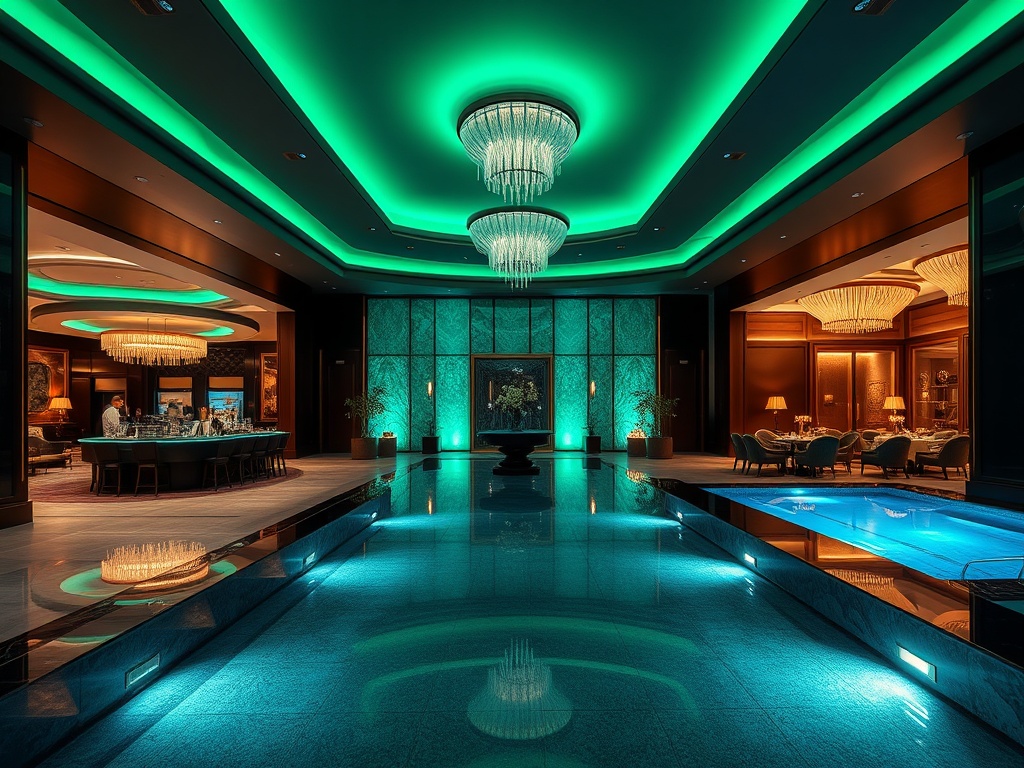 "matte black" "pearl white" lobby splitting into "emerald" lit casino lounge, "bronze" dining gallery, spa thermal pool, evening stage lights, luxurious ambience. "You MUST not include ANY brand images or logos. You may ONLY reply with the format given. I
