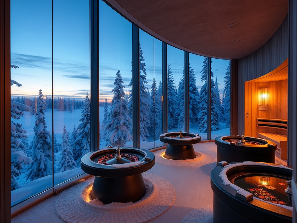 "snowy Finland at dusk" "luxury Nordic suite window glow" "VIP casino lounge with roulette tables" "private sauna steam room" "opal spa ambience"