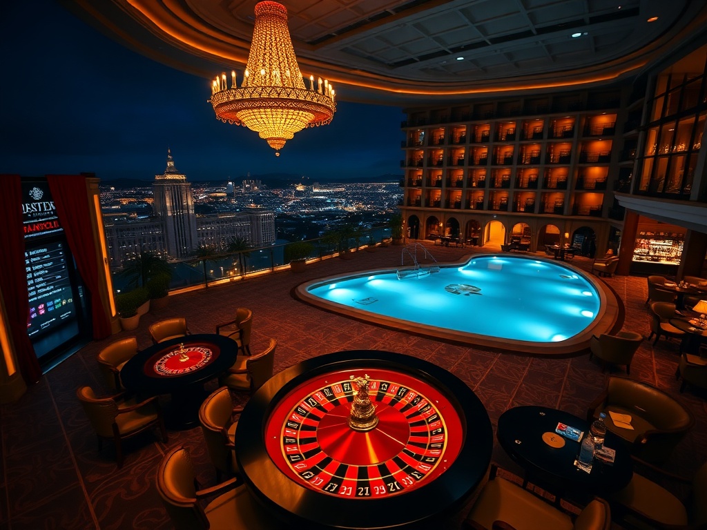 "nighttime panorama of a luxurious European casino hotel" "warm-lit entrance and velvet-draped lobby" "glossy gaming tables with roulette wheel glow" "cocktail bar silhouettes" "rooftop pool with city skyline" "elegant suite windows in background" "luxury