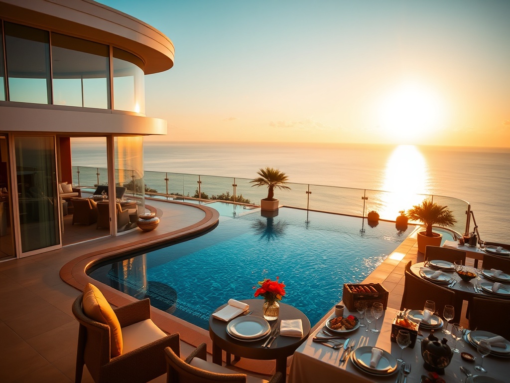 “sunlit oceanfront luxury hotel at summer golden hour” “spacious suite balcony” “sparkling rooftop infinity pool” “elegant dining table with gourmet cuisine” “glamourous VIP gaming lounge ambiance” “soft golden lighting”