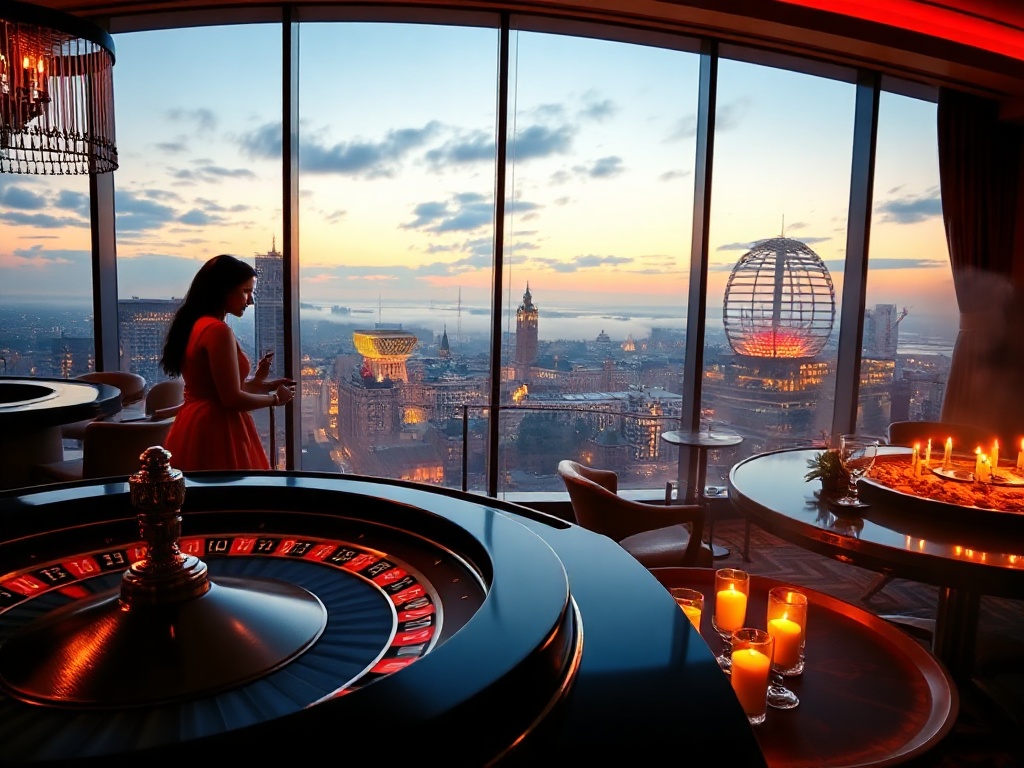 Luxurious casino-hotel interior with panoramic Warsaw skyline; roulette wheel and poker chips glow; adjacent misty spa steam; candlelit Polish feast; romantic couple silhouette.