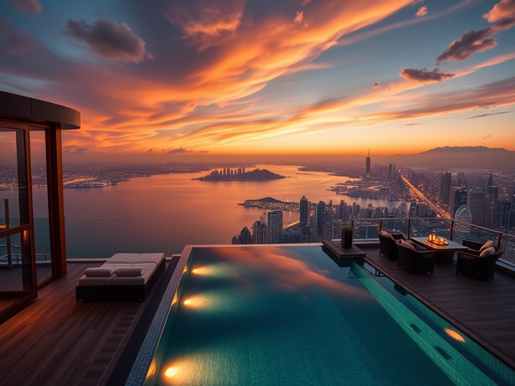 "Luxury skyline suite with panoramic ocean view, elegant VIP casino lounge ambiance, rooftop infinity pool, and serene spa glow, cinematic lighting."