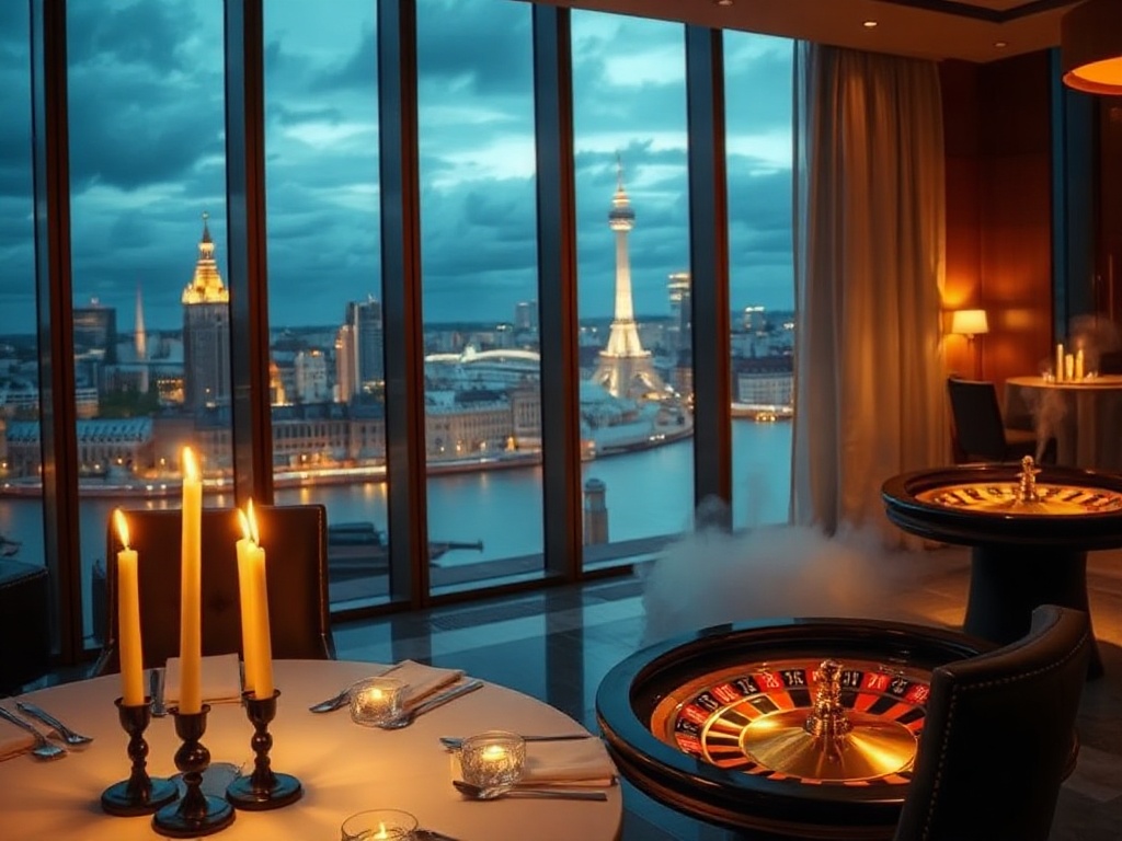 "Luxurious Warsaw hotel interior at night, panoramic skyline and Vistula River visible through tall windows, gold accents, candlelit dining table, elegant roulette wheel glow, subdued spa steam in background, cinematic lighting." "No logos, no words, high