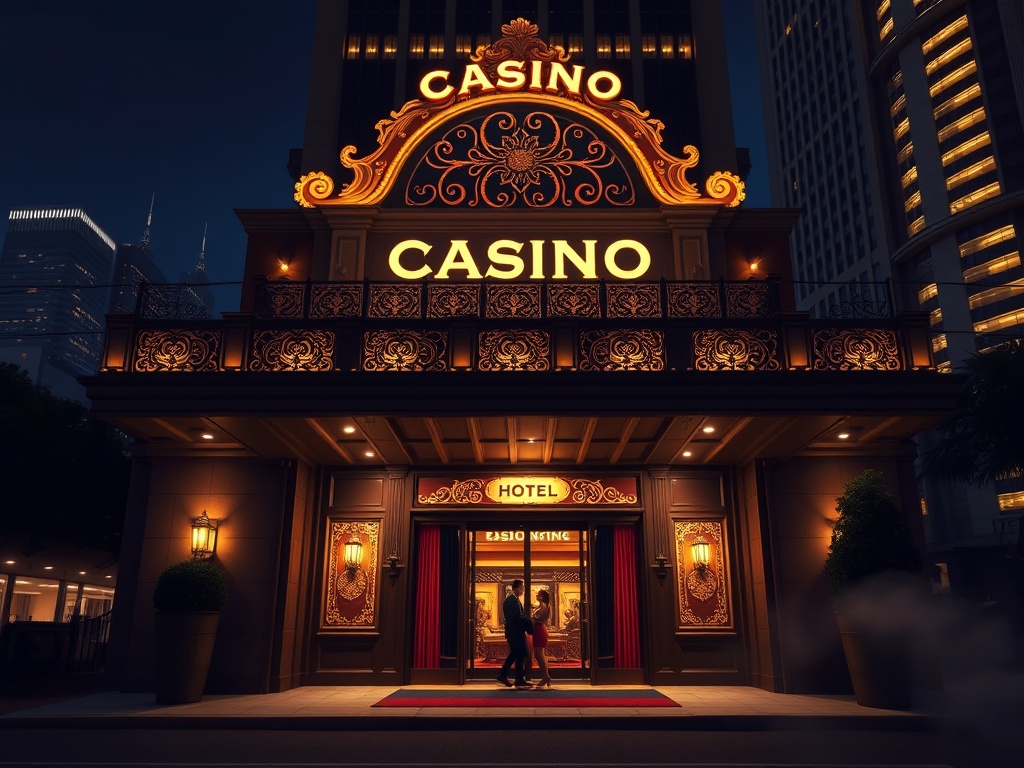 Elegant historic casino hotel facade at night, warm golden lights, modern skyline glow behind, couple arriving, velvet doors, spa mist nearby.