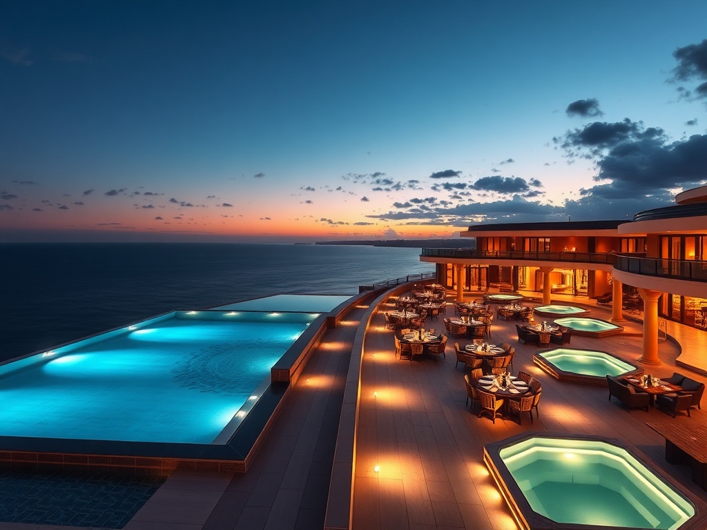 A luxury Australian coastal casino hotel at dusk, “rooftop infinity pool”, “ocean skyline”, “glowing VIP gaming lounge”, “gourmet dining”, “wellness spa glow”, cinematic lighting, ultra-realistic.