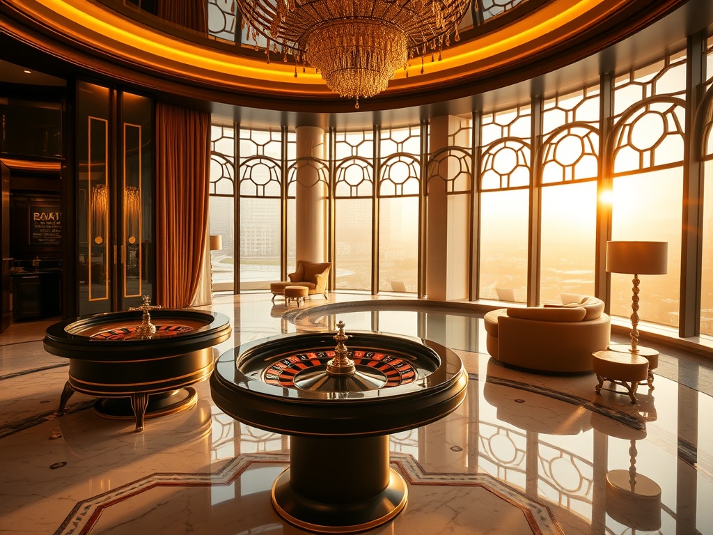 “luxury casino hotel interior lounge” “elegant roulette table” “warm golden lighting” “polished marble floors” “distant cobblestone city view windows” “spa pool calm reflections”