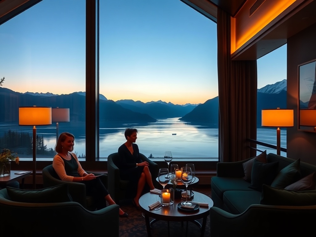"luxury fjordside hotel lounge at dusk, deep navy and pine green interiors, brushed gold lighting, panoramic window with misty fjord and mountains, four elegant guests smiling"
