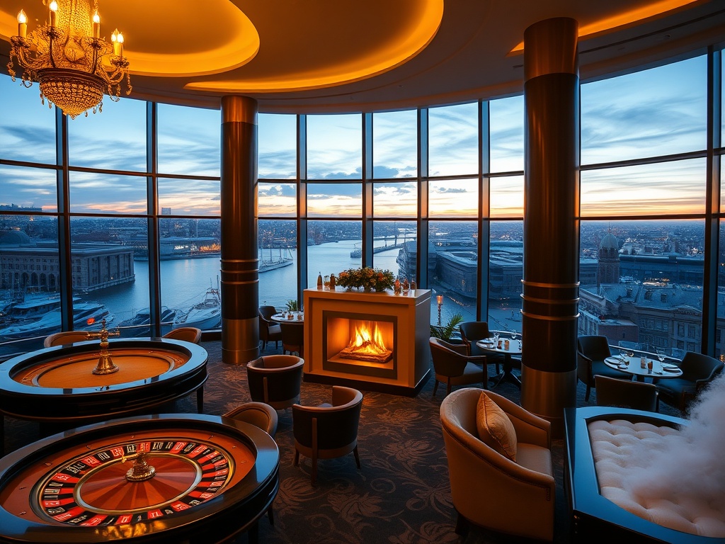 "luxury casino hotel lobby" "Amsterdam canal-view windows" "golden chandeliers" "elegant roulette table" "warm fireplace lounge" "rooftop skyline at dusk" "spa steam glow"