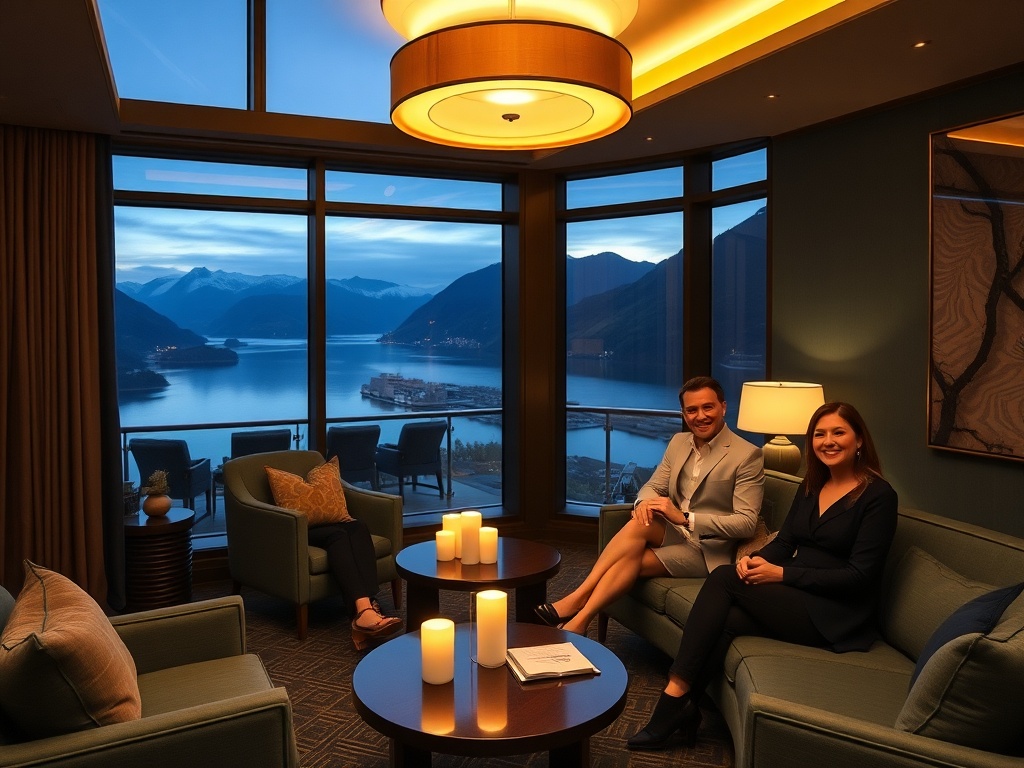 "luxury fjordside hotel lounge at dusk, deep navy and pine green interiors, brushed gold lighting, panoramic window with misty fjord and mountains, four elegant guests smiling"