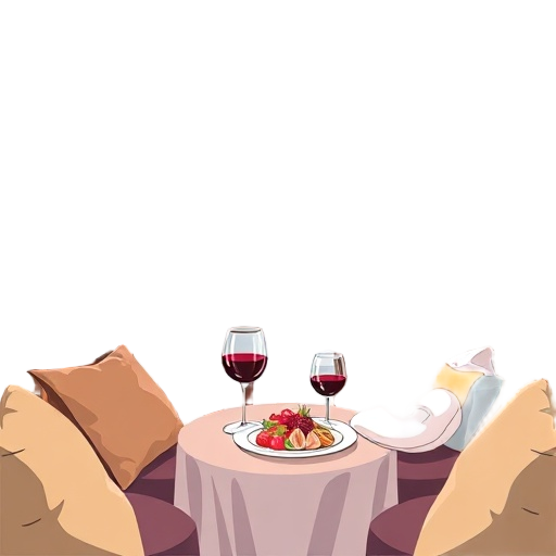 "chalet suite balcony" "snowy alpine peaks" "gourmet dining plate" "wine glass" "spa steam mask" "warm soft lighting" "luxury cushions" "centered composition" "thick outline"
