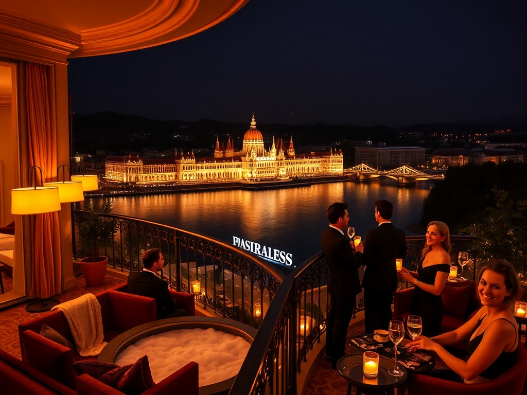 "Nighttime Budapest luxury casino-hotel balcony overlooking the Danube" "elegant lit suites" "warm spa steam" "velvet lounge glow" "smiling guests dressed for evening"