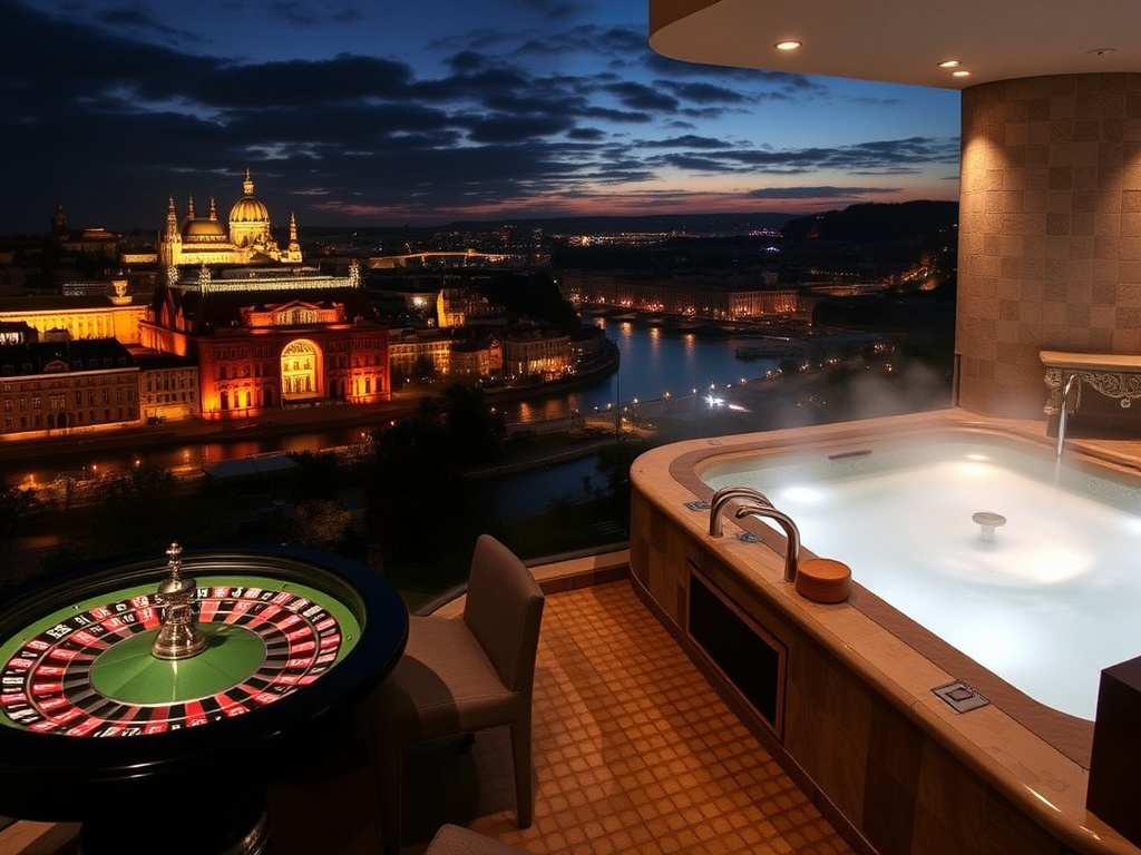 "luxury Prague hotel at night" overlooking "Vltava River and skyline", "glamorous casino floor with roulette lights", and "restorative spa steam ambiance" .