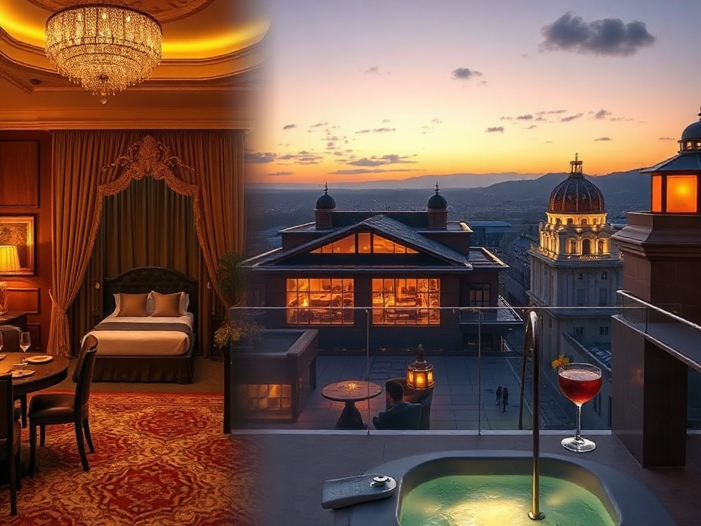 A luxurious Hungarian casino hotel at dusk, split-scene “elegant suite” blending into “glowing casino floor,” “thermal spa steam,” and “rooftop lounge cocktails,” panoramic skyline.
