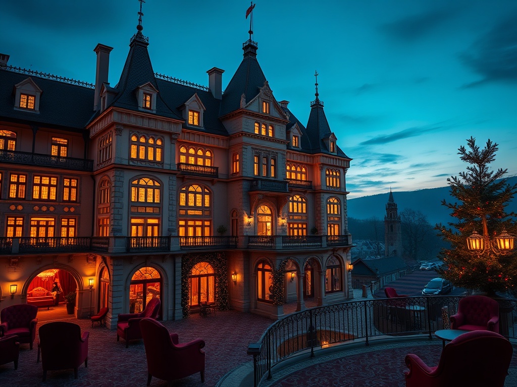 A grand Bohemian-style luxury castle hotel at dusk in Czechia, glowing windows, elegant suite balcony, velvet casino lounge ambiance, soft spa lights, opulent chairs.