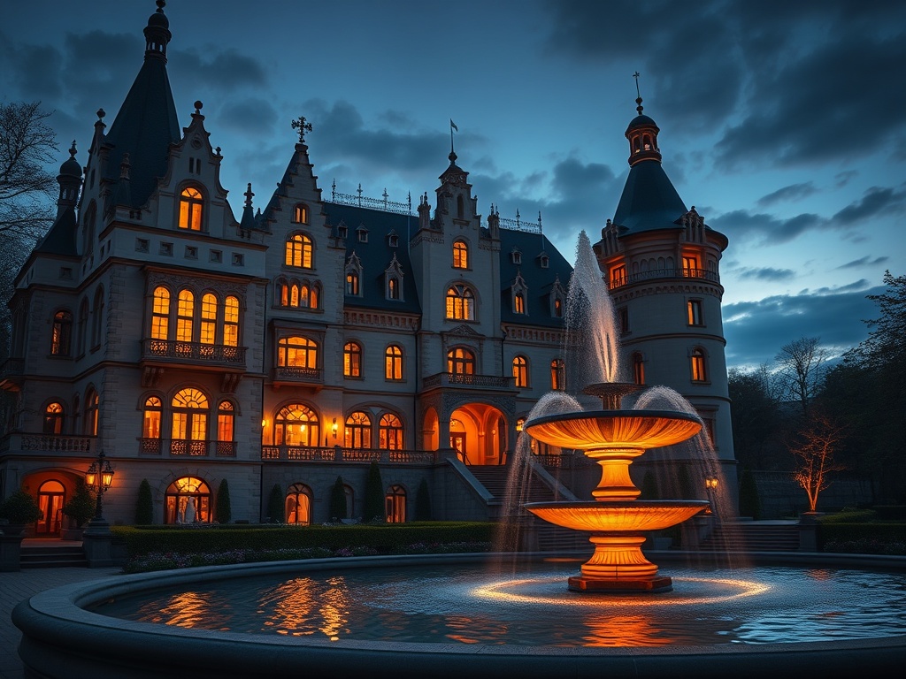 "luxury Czech castle casino hotel at twilight" with "gold-lit windows" "Bohemian gables" "elegant fountain" "silk-like suites" "glowing roulette lights" "moody velvet atmosphere".